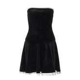 work holiday party outfit Retro Sexy Small Black Dress Velvet Stitching Ruffled Wrapped Chest Pleated Tube Top Skirt Waist Slimming Fairy Skirt